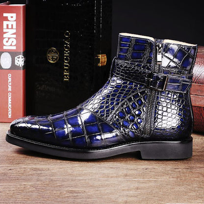 Men's Crocodile Pattern Belt Buckle Boots