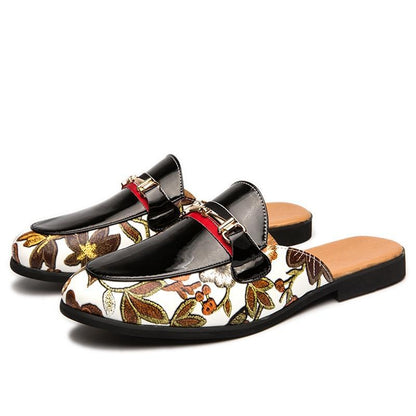 Men's Hawaiian Style Metal Buckle Printed Leather Half Loafers