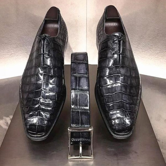 Black Crocodile Alligator Splicing Derby Dress Shoes