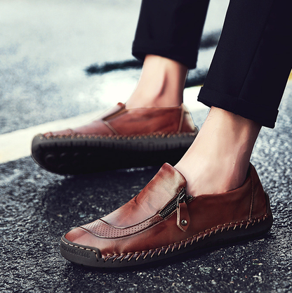 Men Comfy Hand Stitching Genuine Leather Side Zipper Slip On Casual sh