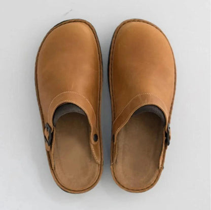 Men Indoor Outdoor Buckle Leather Slippers