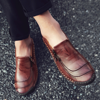 Men Comfy Hand Stitching Genuine Leather Side Zipper Slip On Casual sh